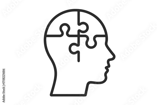 Human head silhouette with puzzle pieces inside symbolizing mental health, psychology, cognition, brain function, mind, intelligence, problem solving, and mental disorder concept illustration