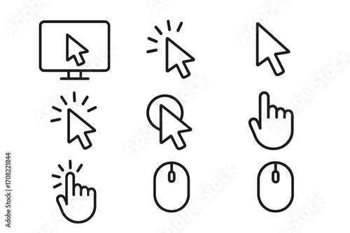 Pack of computer and monitor line icons with cursor pointer outline signs, click hand gestures, mouse symbols for graphic design, web, apps, adverts, and UI elements vector illustration
