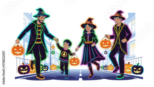 Spooky Night Stroll: An enchanting illustration captures the essence of Halloween as a family joyfully parades down the street, their illuminated pumpkin lanterns casting an eerie glow. 