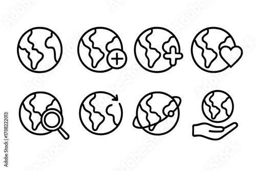 Set of planet-related outline icons with plus, heart, loupe, and orbit symbols, Earth globe line signs for graphic design, web apps, advertising, and various cards vector illustration
