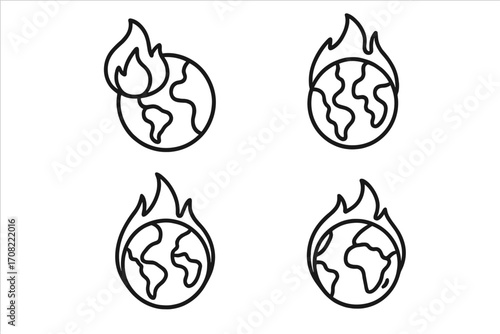 Set of burning planet icons, earth on fire outline symbols for environmental crisis, climate change awareness, global warming concept, line art vector illustration