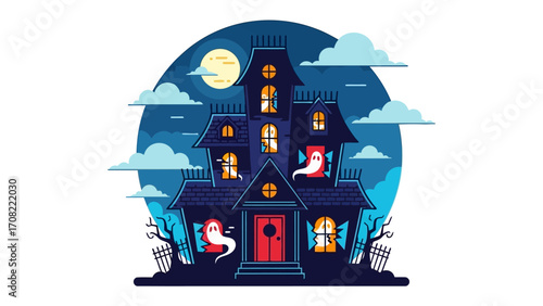 Spooky Haunted House Illustration: A whimsical illustration depicts a spooky haunted house under the moonlight. Ghosts dance in the windows, ready for Halloween celebrations.