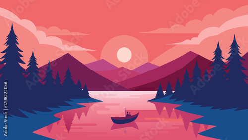 Serene mountain lake sunset illustration with rowboat scenic nature landscape vector