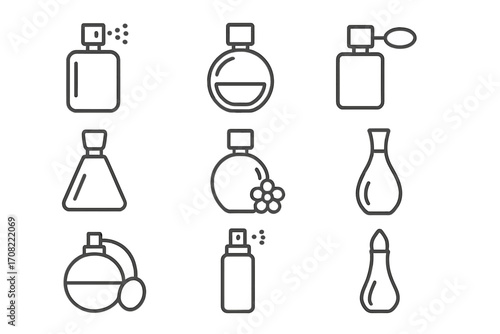Perfume Thin Icons Collection, Editable Stroke, Vector Cartoon Illustration, Transparent Background, Ordered Set, Fragrance Bottle Designs for Web, Books, Cards, Apps