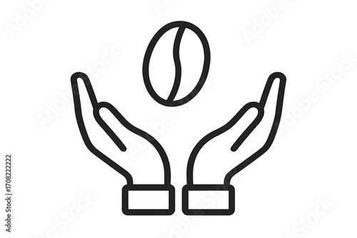 Minimalistic hands holding coffee bean icon, simple line art pictogram for web, graphic design, apps, banners, social media, cards, vector cartoon illustration