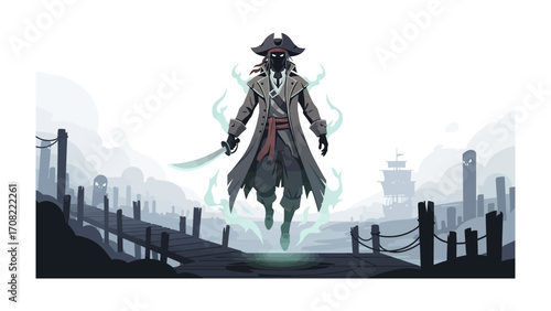 Mystic Pirate: A spectral pirate figure, adorned in a distinguished coat and hat, brandishes a cutlass. Emerging from the mists of the spectral sea, the ethereal aura.