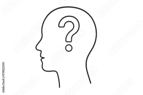 Human head silhouette with question mark inside, concept of confusion, doubt, curiosity, mental puzzle, thinking process, simple thin line vector illustration on transparent background