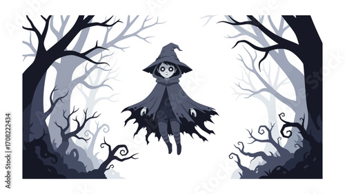 Mystical Forest Witch: A whimsical illustration of a witch, donning a pointed hat and a flowing cape, soaring over a shadowy forest, shrouded in an ethereal atmosphere.