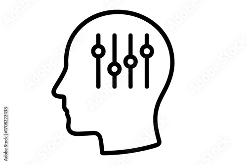 Human head profile with adjustable control sliders inside, mental settings, mind control symbol, technology interface, user settings concept, editable vector illustration for design