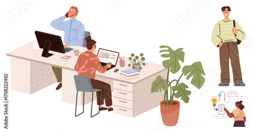 Two professionals working at a desk with computer screens, documents, and plants, plus a casual man outdoors holding a bag. Ideal for teamwork, productivity, technology, creativity, office life