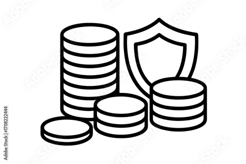 Scales with shield outline icon design vector, balance and protection symbol for graphic design, web apps, advertising, business cards, transparent background illustration
