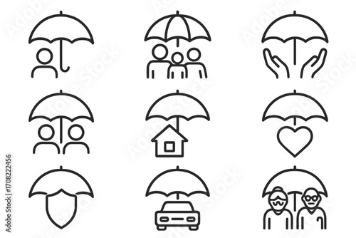 Insurance concept line icons set, protection symbols with people, family, house, car, heart, shield, elderly under umbrella, safety, security, risk coverage, financial protection