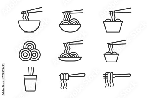 Set of minimalistic noodle line icons, thin linear noodle bowl and chopsticks pictogram, vector cartoon illustration for web design, apps, banners, social media, cards, Asian food concept