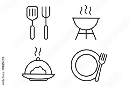 Simple linear cooking illustration with utensils, barbecue grill, steaming dish, and plate with fork icons. Minimalist vector cartoon design for graphics, apps, and food concepts.