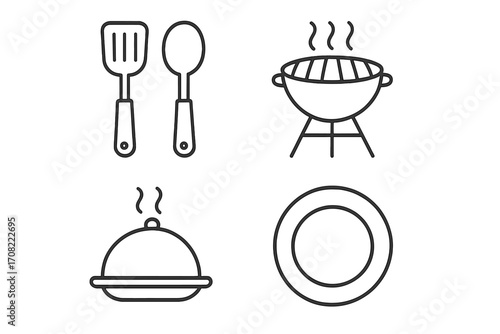 Simple linear cooking illustration with utensils, barbecue grill, steaming dish, and plate icons for graphics, apps, kitchen concept, food preparation, vector cartoon design