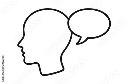Speech bubble in head outline vector, communication concept, thought and dialogue icon, chat symbol, messaging graphic for web design, apps, advertising, cards, transparent background
