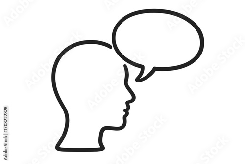 Speech bubble in human head outline, concept of communication, thinking, dialogue, conversation, messaging, chatbot, web design, apps, advertising, digital vector illustration, transparent background