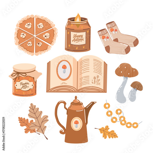 Cozy autumn attributes isolated on white background. Fall clip art set. Pumpkin pie, mushrooms, autumn leaves, book, socks, jam, garland, candles. Vector illustration in beige and brown colors. Cute
