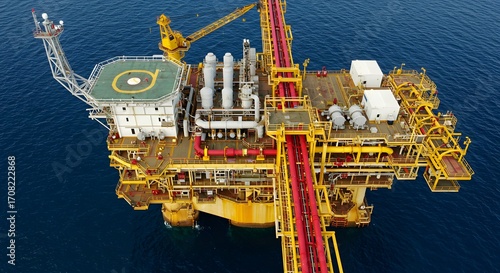Aerial view of an offshore oil platform in the ocean.