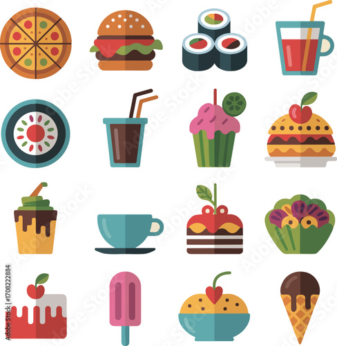 Food and drink icons set with cake coffee tea burger sandwich and sushi illustrations