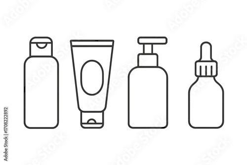 Cosmetic bottle icons set with pump, dropper, tube and flip cap. Vector cartoon style illustration with transparent background. Skincare, beauty product packaging design concept for apps
