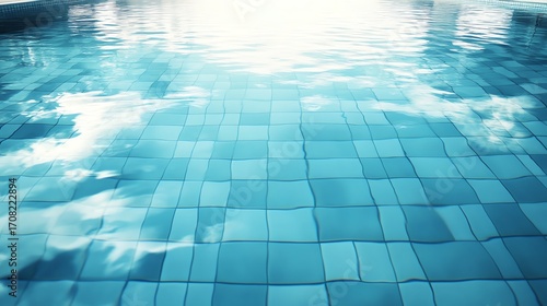 An empty pool showcasing perfect blue tiles and a calm water surface, illuminated by soft morning light in ultra HD detail.