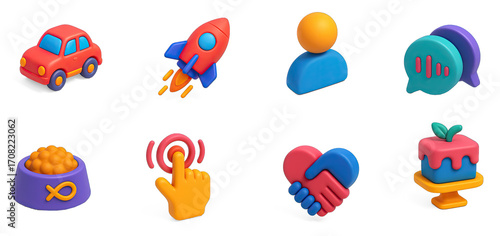 8 colorful 3D icons representing different concepts: car, rocket, person, speech bubble, car, rocket, person, speech bubble, and food.