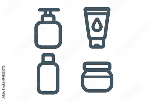 Thin line vector icon set of cosmetic bottles and containers, including pump bottle, tube with drop symbol, lotion bottle, and cream jar, beauty, skincare, hygiene, transparent background