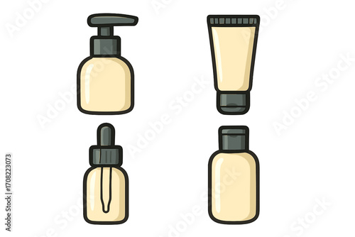 Thin icon set of cosmetic bottles for skincare and beauty products, vector cartoon illustration with transparent background, includes pump bottle, tube, dropper, and jar, flat design