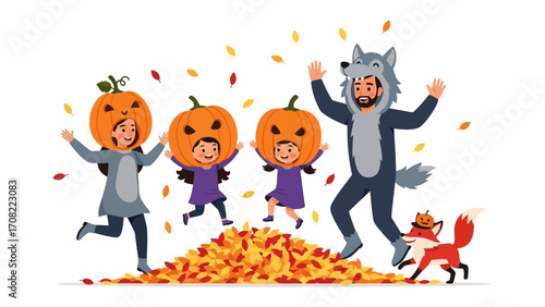 Halloween Gathering: Joyful family in whimsical Halloween costumes, including a charming fox and a playful wolf, amidst a colorful array of autumn leaves, evoking the spirit of Halloween.
