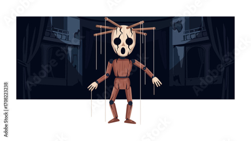 Puppet with an Enigmatic Aura: This captivating illustration portrays a wooden puppet, its expressive mask hinting at an unknown narrative, held by delicate strings, creating a sense of suspense.