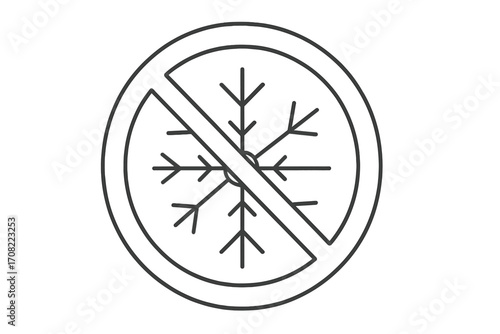 Prohibition Sign with Snowflake Icon, No Cold Symbol, Winter Weather Ban, Minimalistic Thin Line Vector Illustration with Transparent Background, Safety and Warning Concept
