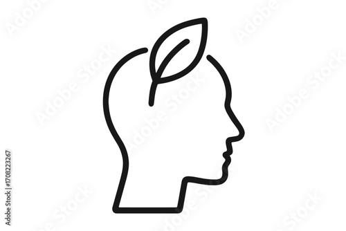 Concept of eco-friendly mind with human head outline and leaf symbol, green thinking, sustainable mental health, nature-inspired creativity, environment awareness vector illustration