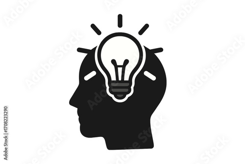 Minimalistic vector icon of a person's head silhouette with a glowing lightbulb inside representing creativity, ideas, innovation, inspiration, and mental concept for digital apps and graphics design