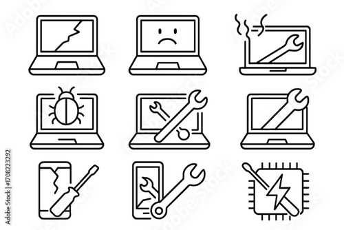 Set of broken device and laptop repair line icons, cracked screens, bug detection, wrench tool, smartphone and microchip repair symbols, technology maintenance, digital device troubleshooting vector