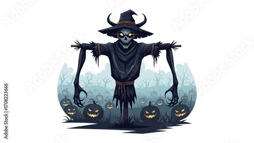 Spooky Scarecrow with Jack O'Lantern: A chilling scarecrow stands amidst a collection of glowing Jack O'Lanterns, with the silhouettes of bare trees in the misty background.