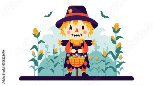 Halloween Scarecrow in Cornfield: A whimsical scarecrow stands confidently amidst a vibrant cornfield, clutching a basket overflowing with colorful treats, celebrating Halloween's joyful essence