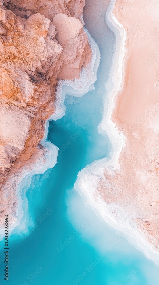Fototapeta premium Azure water flows between pale cliffs. A sandy shore meets turquoise water with white foam. Aerial view of colorful mineral formations.