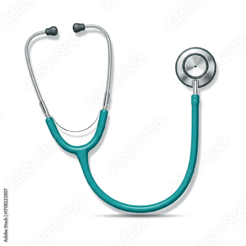 Teal-colored stethoscope with metal components, isolated on white background.