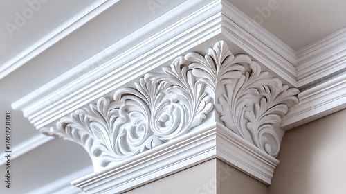 Intricate White Ornament Detail Architectural Corner Design with Luxurious Decoration.