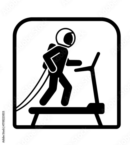 Vector icon of astronaut exercising on a treadmill in space, representing astronaut training, space fitness, and zero-gravity workouts aboard spacecraft.