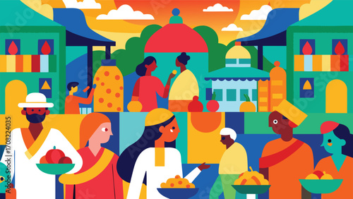 Vibrant hand painted mural illustrating a lively bustling market scene with diverse people