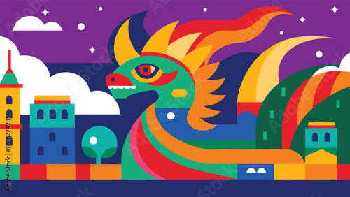 Vibrant colorful dragon mural on building facade with abstract cityscape and stars