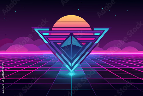 Retro synthwave horizon with triangle for 80s style nostalgia and neon dreams in a vibrant scene
