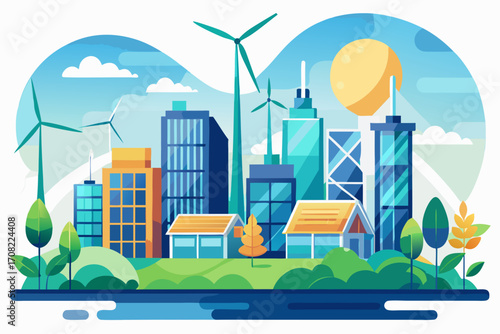 Vibrant Eco Cityscape with Wind Turbines and Modern Buildings, Sustainable Urban Living Concept