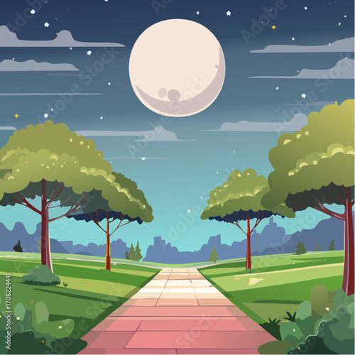 Serene nighttime park path under a full moon