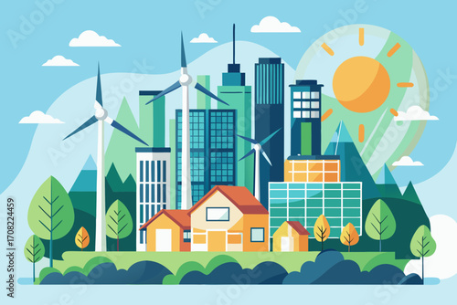 Sustainable city living with windmills and solar energy creating a vibrant eco conscious community