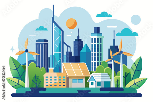 Sustainable city skyline featuring wind turbines and solar panels for eco-friendly living and innovation