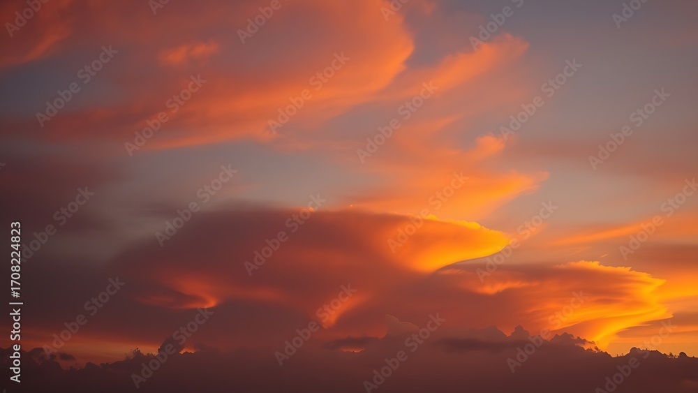Fototapeta premium Dramatic sunrise with gradient orange and purple clouds, creating a panoramic abstract sky view.