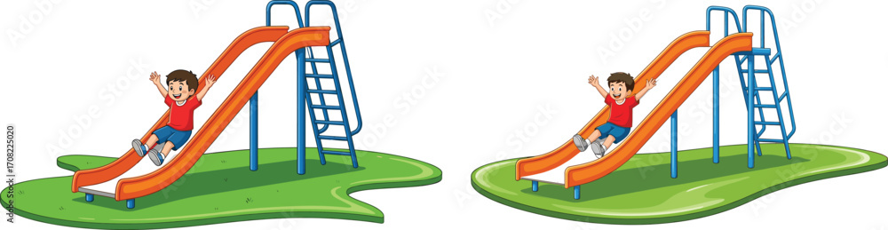Naklejka premium Vector illustration of happy child sliding on playground slide, kids outdoor activity, fun, joy, childhood entertainment, recreation, amusement, park play, happiness